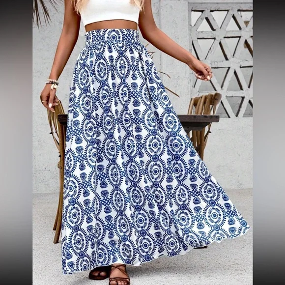 Boho floral print ruffle hem maxi skirt